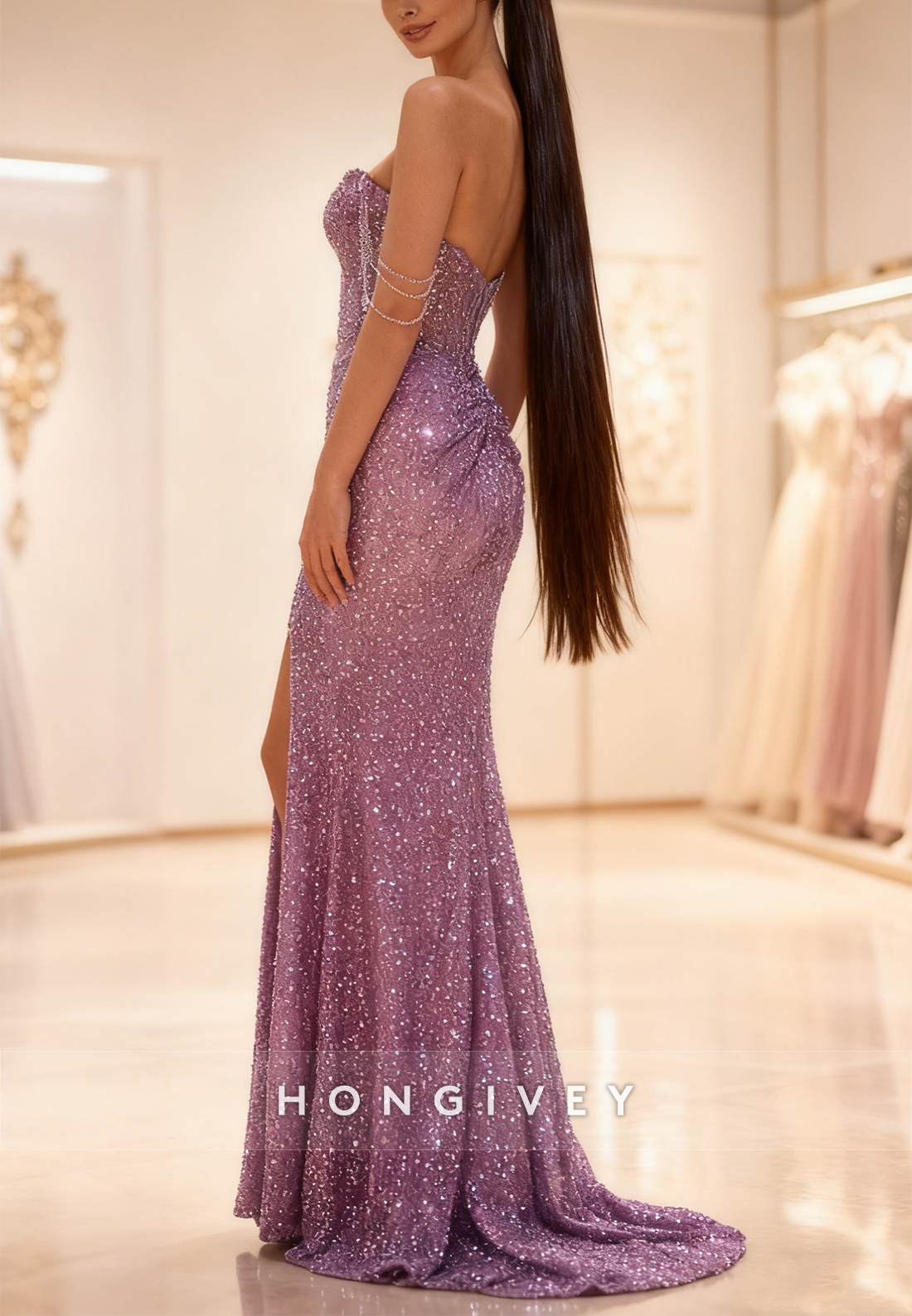 Sequins Beaded Mermaid Slit Prom Dress