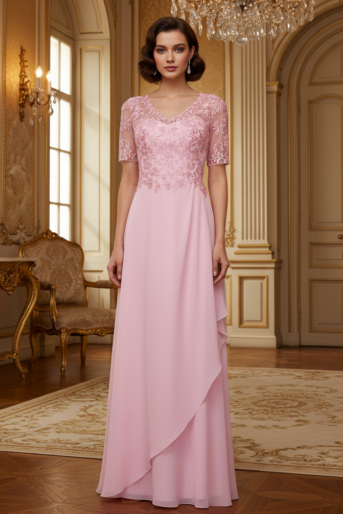 A-line/Princess V-neck short sleeved long formal mother of the bride dress
