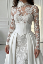 Long Sleeve Lace Bridal Gown with Corset Overskirt
