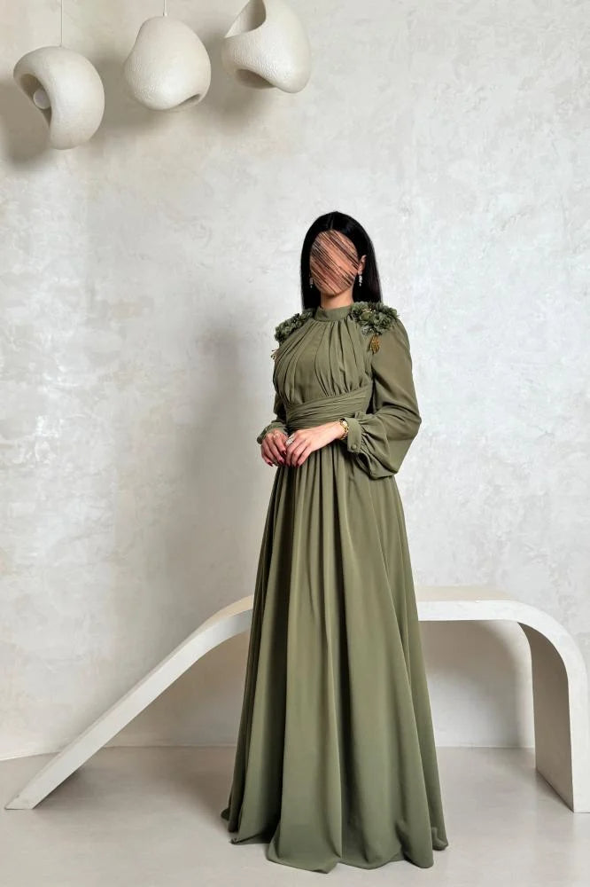 Elegant Green High Neck Long Sleeve A-Line Bow Flowers Beaded Evening Dress