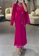 Fuchsia Shawl Pleated Ankle-Length Trumpet Scoop Evening Gowns
