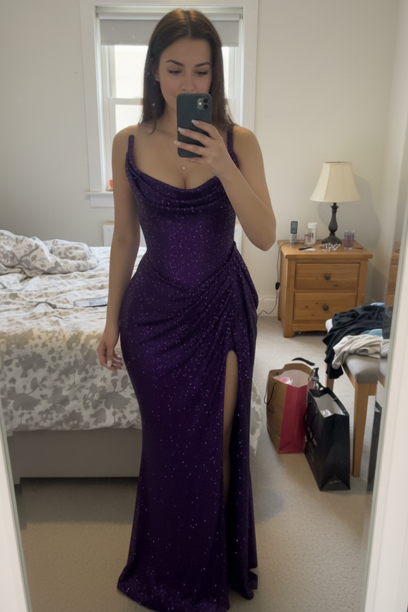 Sheath Floor-Length Glitter Evening Gown Strapless Pleated Prom Dresses