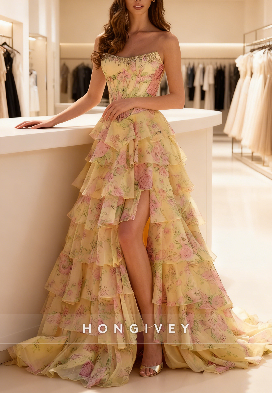 Sweetheart Beaded A-Line Tassel Slit Prom Dress