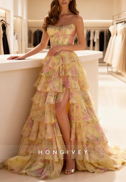 Sweetheart Beaded A-Line Tassel Slit Prom Dress