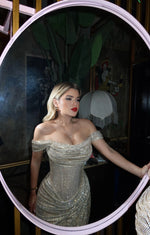 Glitter Off the Shoulder Sleeveless Sequins Sparkle Mermaid Side Slit Prom Dress