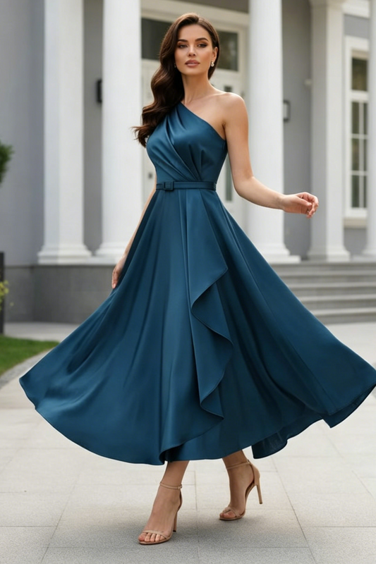 A-Line One-Shoulder Sleeveless Ankle-Length Crepe Satin Mother Of The Bride Dresses