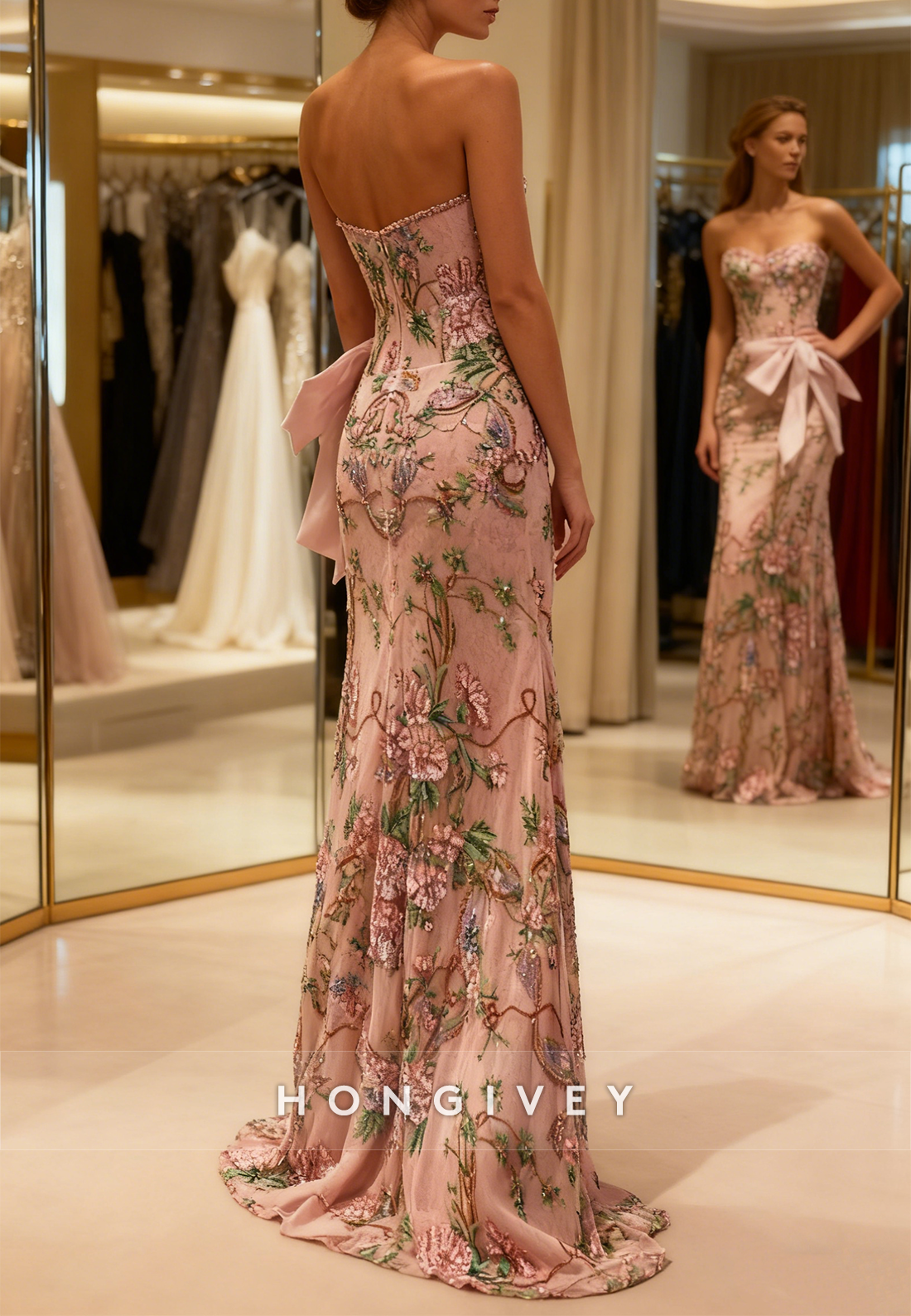 Mermaid Sweetheart Floor-Length Sleeveless Strapless Prom Dresses with Bowknot