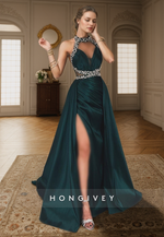 L2964 - Satin High Neck Sleeveless With Train Beaded Party Prom Evening Dress