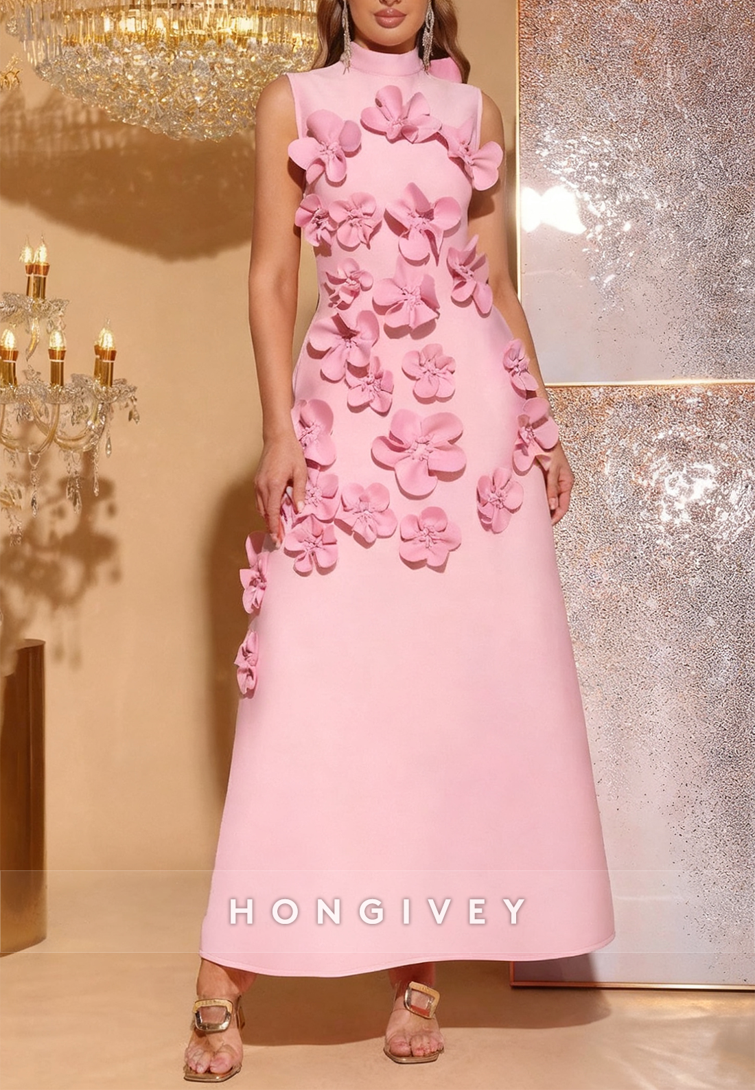 3D Floral Pink A-Line High Neck Wedding Guest Bowknot Sleeveless Mother of the Bride Dress