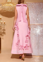 3D Floral Pink A-Line High Neck Wedding Guest Bowknot Sleeveless Mother of the Bride Dress