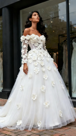 Long Sleeves Tulle Flowers Off The Shoulder Wedding Dress