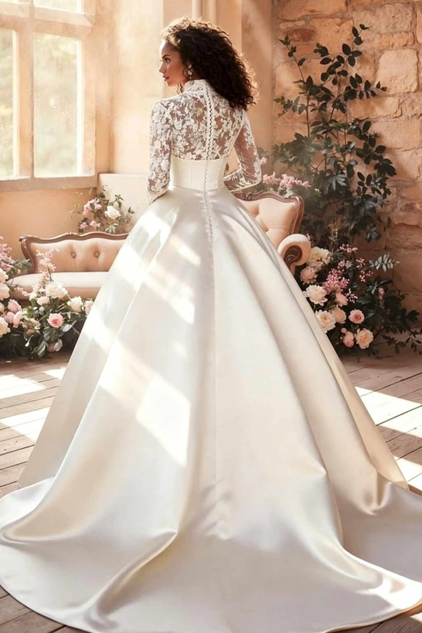 Ball-Gown V-Neck High Neck Long Sleeves Court Train Lace Tulle Soft Satin With Appliques Lace