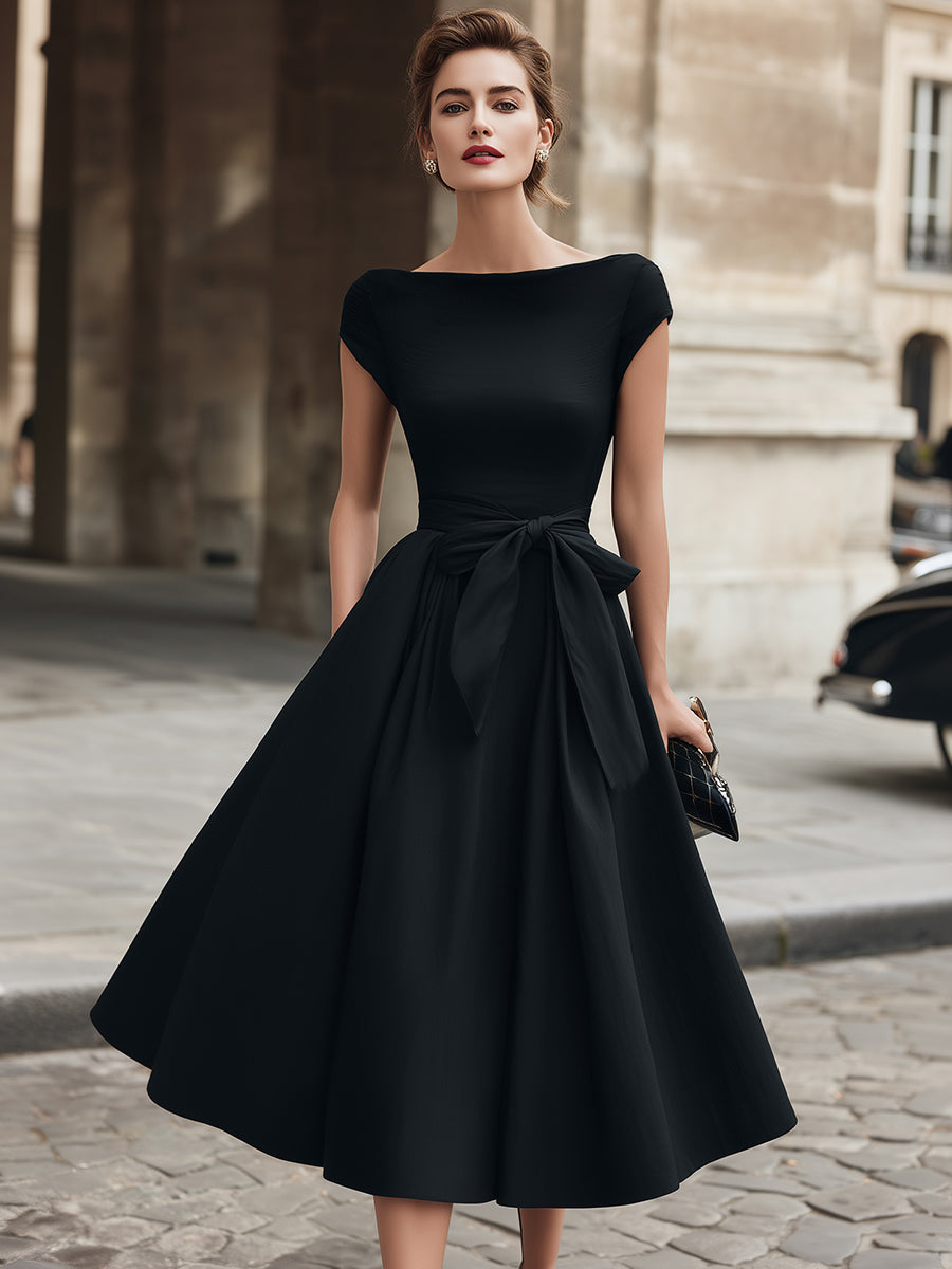 Cap-Sleeve Bow-Waist Midi Evening Dress