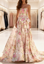 Floral Print Bow A-Line Sleeveless Prom Dress