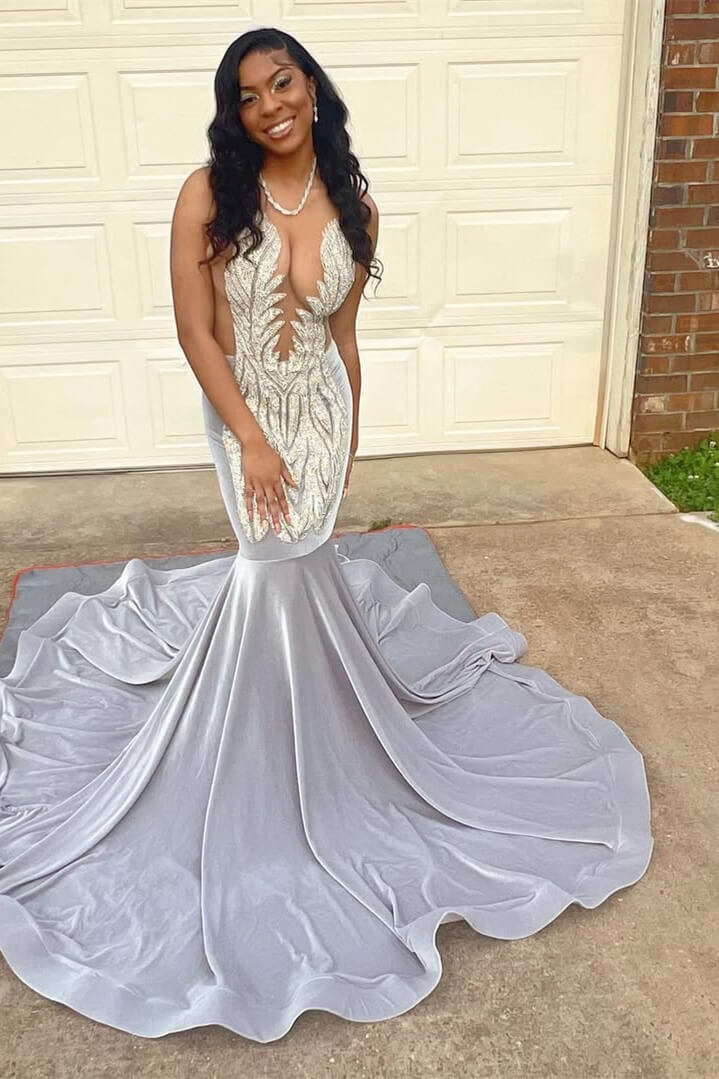 Silver Scoop Sleeveless Mermaid Prom Dresses With Beadings Long On Sale