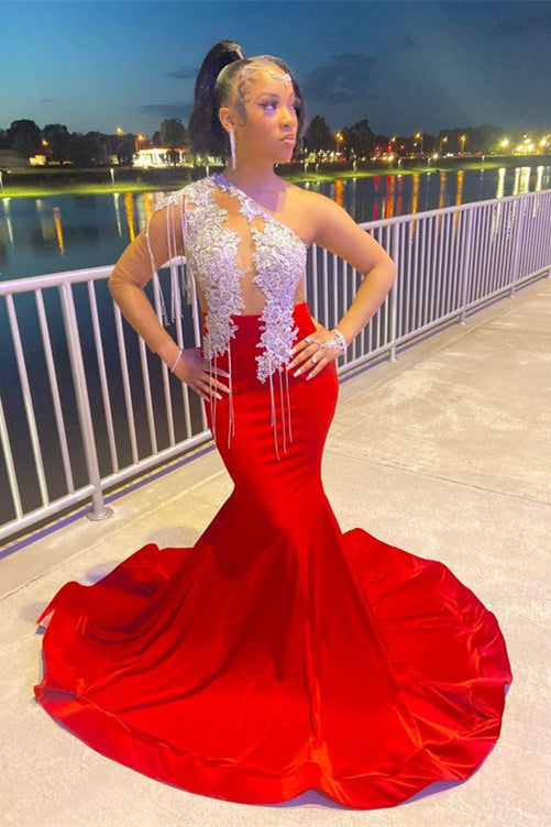 Chic Red One Shoulder Long Mermaid Prom Dress Trumpet With Tassel Appliques