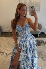 Cute A Line V Neck Flower Print Satin Prom Dress with Beading