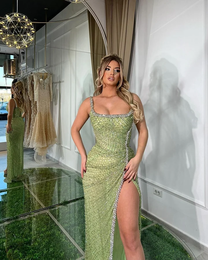 Green Sexy Beads Sleeveless Spaghetti Strap Prom Dress With High Slit