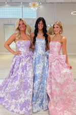 Gorgeous A Line Strapless Jacquard Satin Prom Dress with Bow