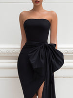 Strapless Draped Bow Asymmetric Pencil Dress