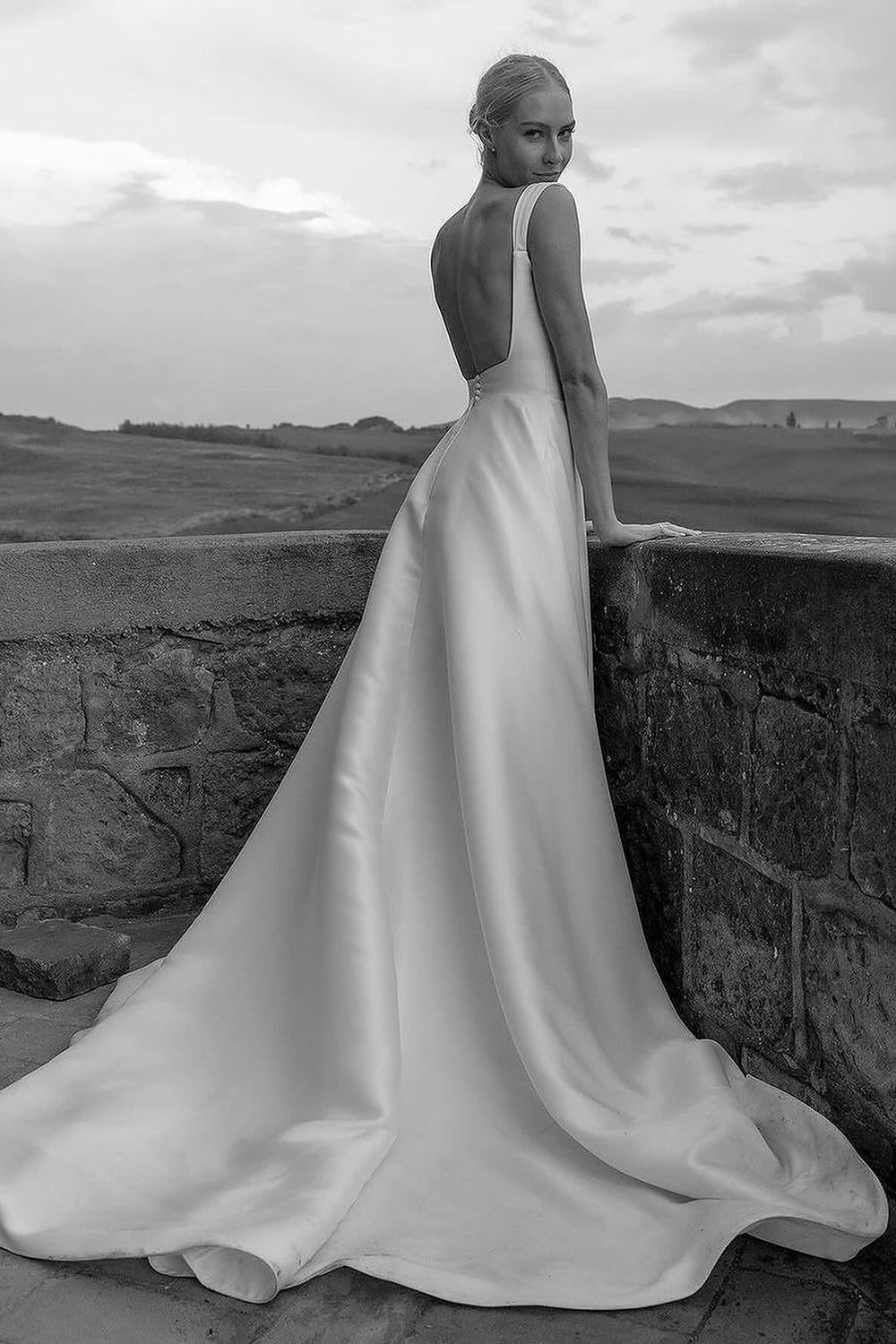 Fashion A Line Square Neck Satin Long Wedding Dresses