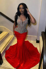 Modern Red V-Neck Sleeveless Prom Dress Mermaid Long With Beadings