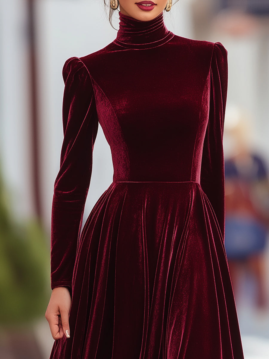 Burgundy Velvet Long-Sleeve Evening Dress