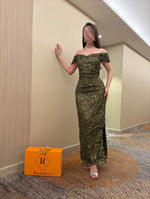 Green Sequins Sparkle Off the Shoulder Sleeveless Mermaid Side Evening Dress Ankle-Length