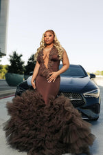 Modern Chocolate Brown Sleeveless Mermaid Prom Dress Long With Beadings Ruffles