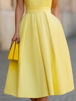 Bright Yellow Sleeveless Round Neck Pleated Midi Dress With Pockets