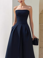 Strapless Structured A-Line Pleated Midi Dress