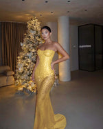 Hidais Red Tulle Strapless Sleeveless Long Mermaid Prom Dress With Sequins And Corset