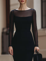 Elegant Black Mesh Sleeve Lace Mermaid Midi Dress