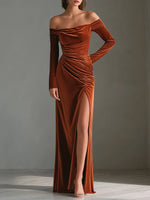 Rust Brown Off-Shoulder Velvet Ruched Evening Dress With High Slit