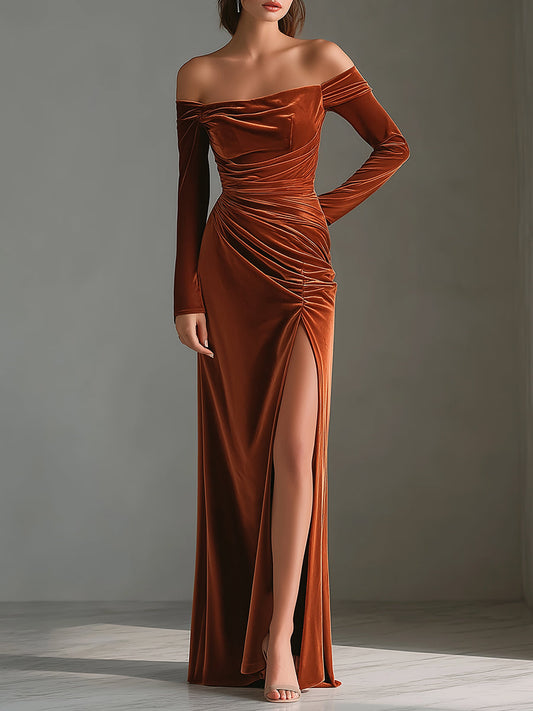 Rust Brown Off-Shoulder Velvet Ruched Evening Dress With High Slit