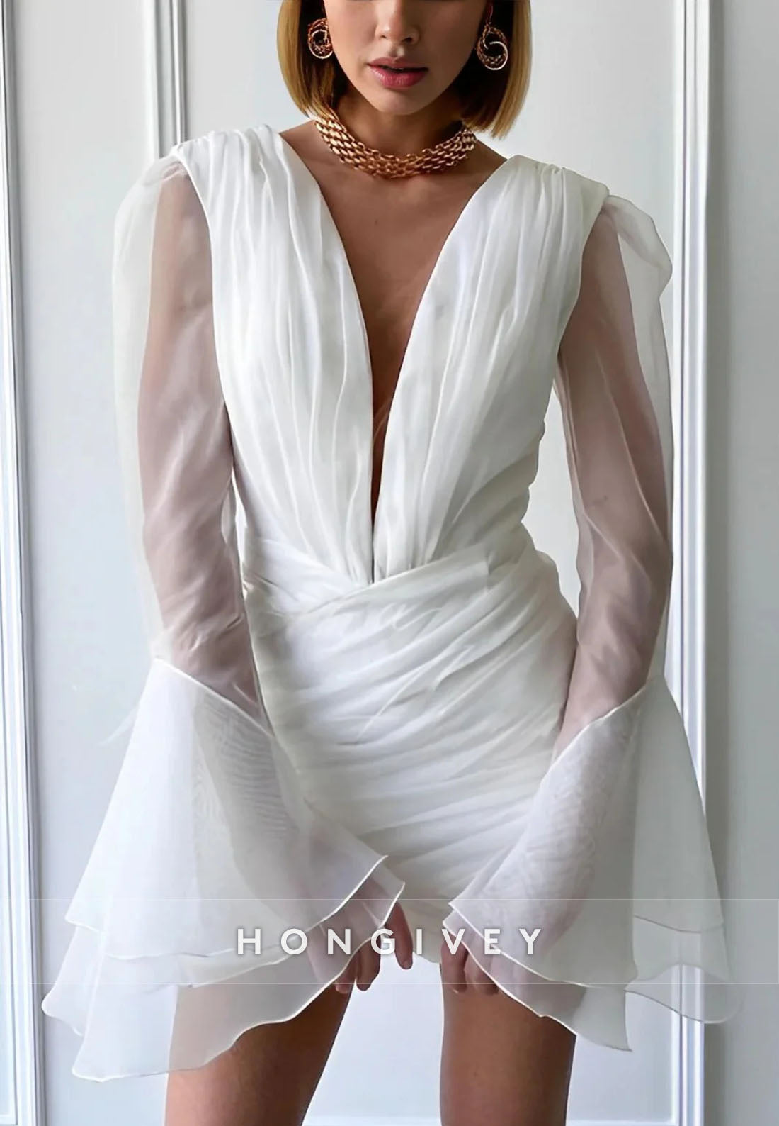 Bell Sleeves V Neck Sheath V Back Wedding Dresses with Ruffles