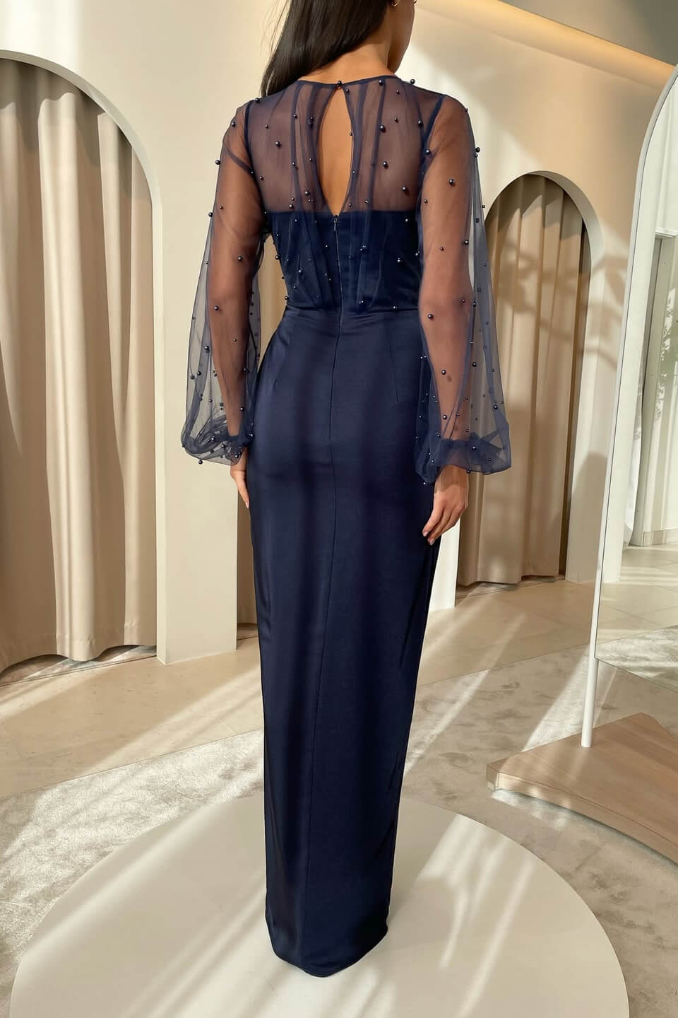 Dark Navy Long Sleeves Sheath Prom Dress Split With Pearls