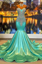 Chic Sleeveless High Neck Mermaid Jade Prom Dress Beaded With Appliques