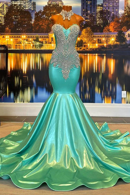 Hidais Chic Sleeveless High Neck Mermaid Jade Prom Dress Beaded With Appliques