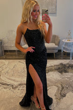Mermaid Scoop Neck Black Sequins Prom Dress with Beading