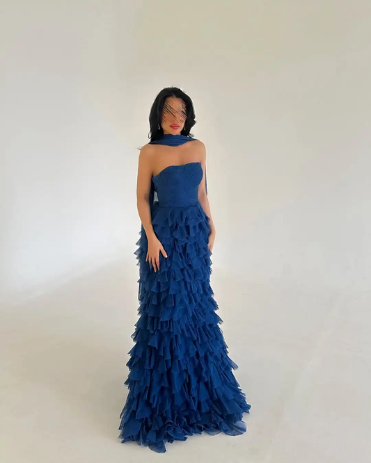 Chiffon Strapless Sleeveless High Waist Long Prom Dress With Ruffles And Scarf