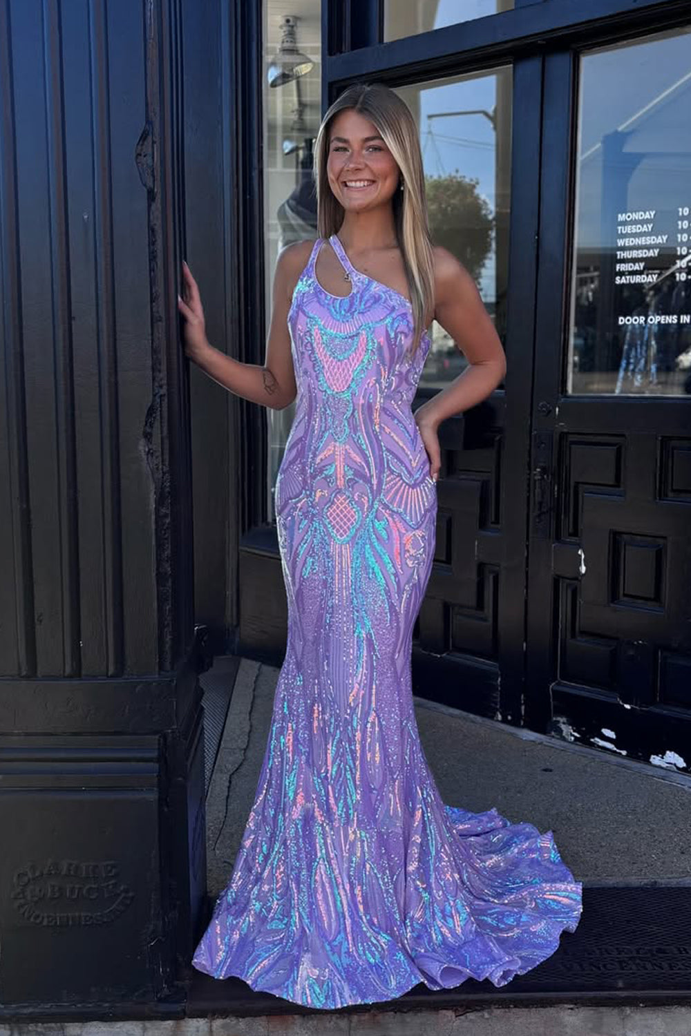 Sparkly Mermaid One Shoulder Lavender Sequins Lace Prom Dress