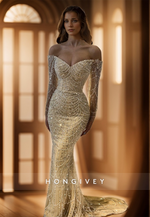 L2956 - Beaded Off-Shoulder Lonfg Sleeves Trumpet Party Prom Evening Dress