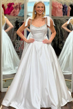 A-Line Square Neck Blue Satin Beaded Long Prom Dresses with Bowknot  VK25101702