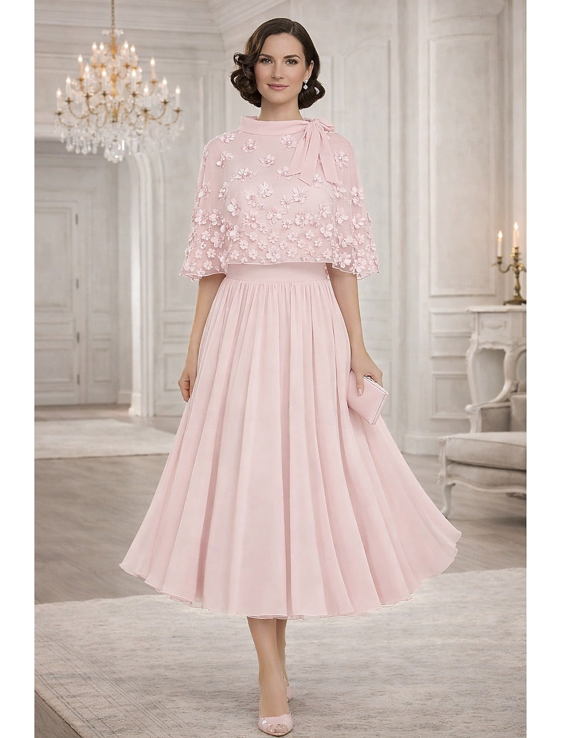 Flowers Short Shawl A-Line Tea-Length Formal Evening Dress