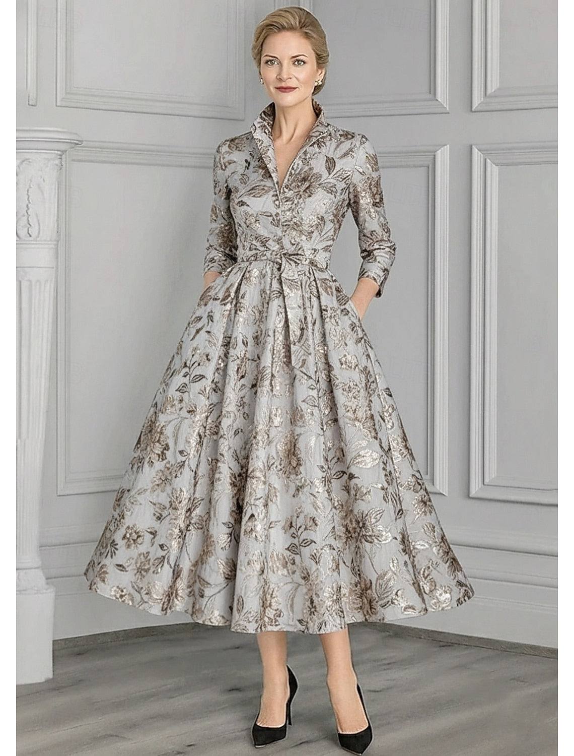Flowers Floral Print Long Sleeve A-Line Evening Dress Ankle-Length