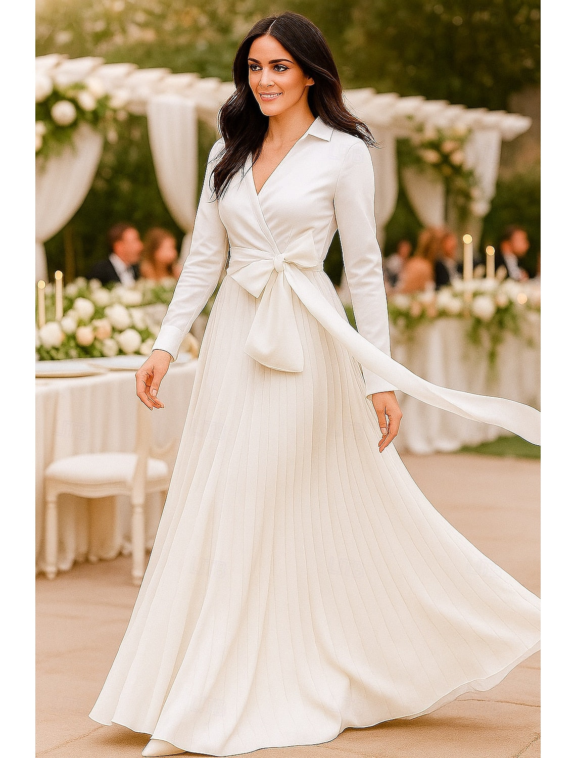 V-Neck Long Sleeve Bow A-Line Floor-Length Evening Dress