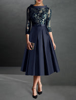 Lace Applique 3/4 Sleeve A-Line Tea-Length Evening Dress