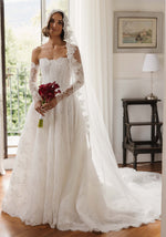 Charming Long White A-line Lace Corset Wedding Dress with Long Sleeves