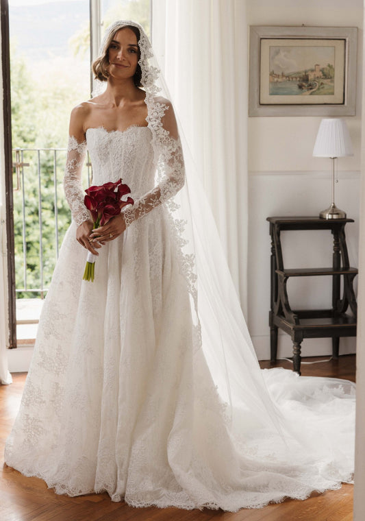 Charming Long White A-line Lace Corset Wedding Dress with Long Sleeves
